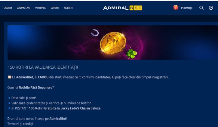 AdmiralBet bonus fara depunere - 150 rotiri gratuite