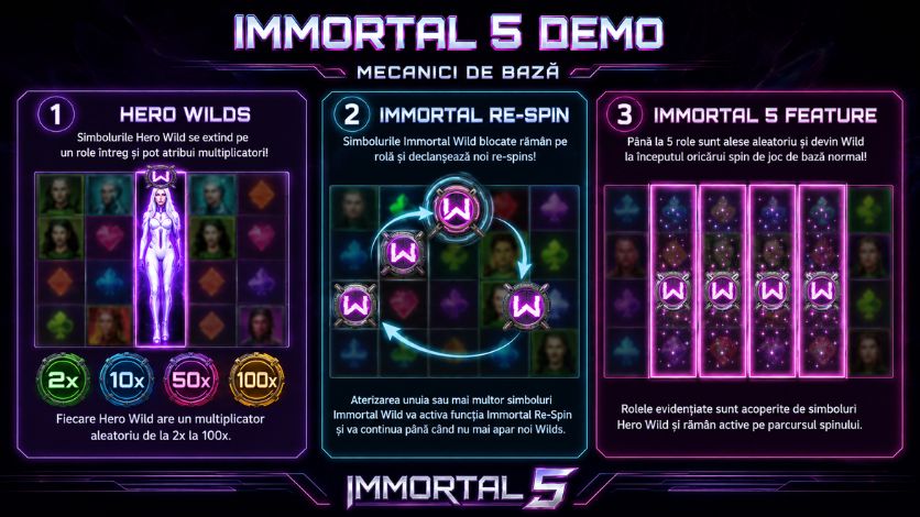 Immortal 5 Demo Hero Wilds, Immortal Re-Spin și Immortal 5 Feature