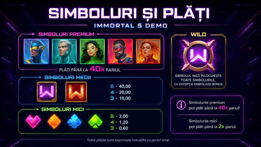 Immortal 5 Demo simboluri, Wild și tabel de plată